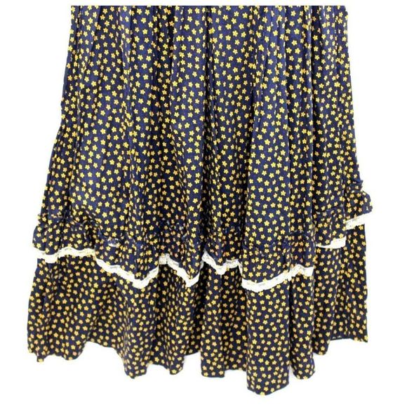 Cottage Core Long Dress Country Victorian Style Lace Seam Navy Blue Floral Print - Picture 7 of 10